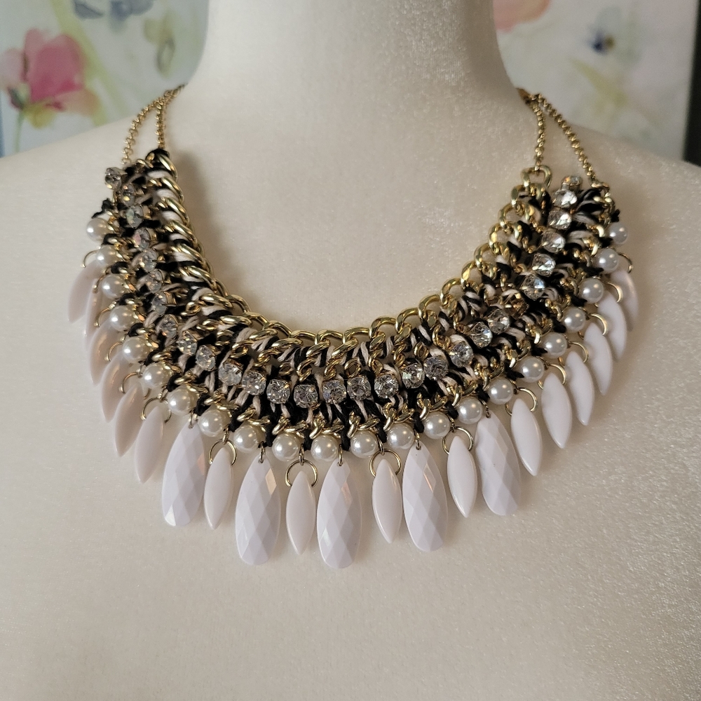 Bohemian Black White and Gold Beaded Bib